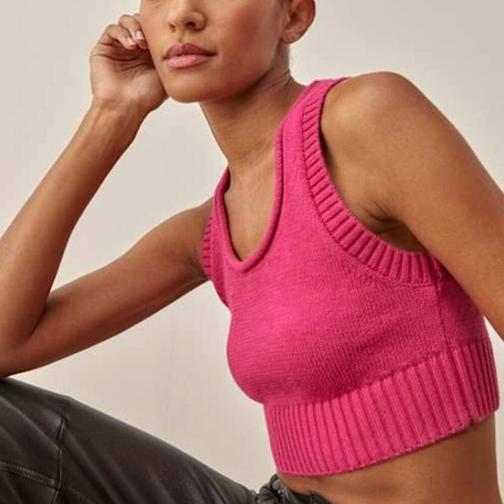 Reformation Pink Ribbed Knit Sweater Crop Top